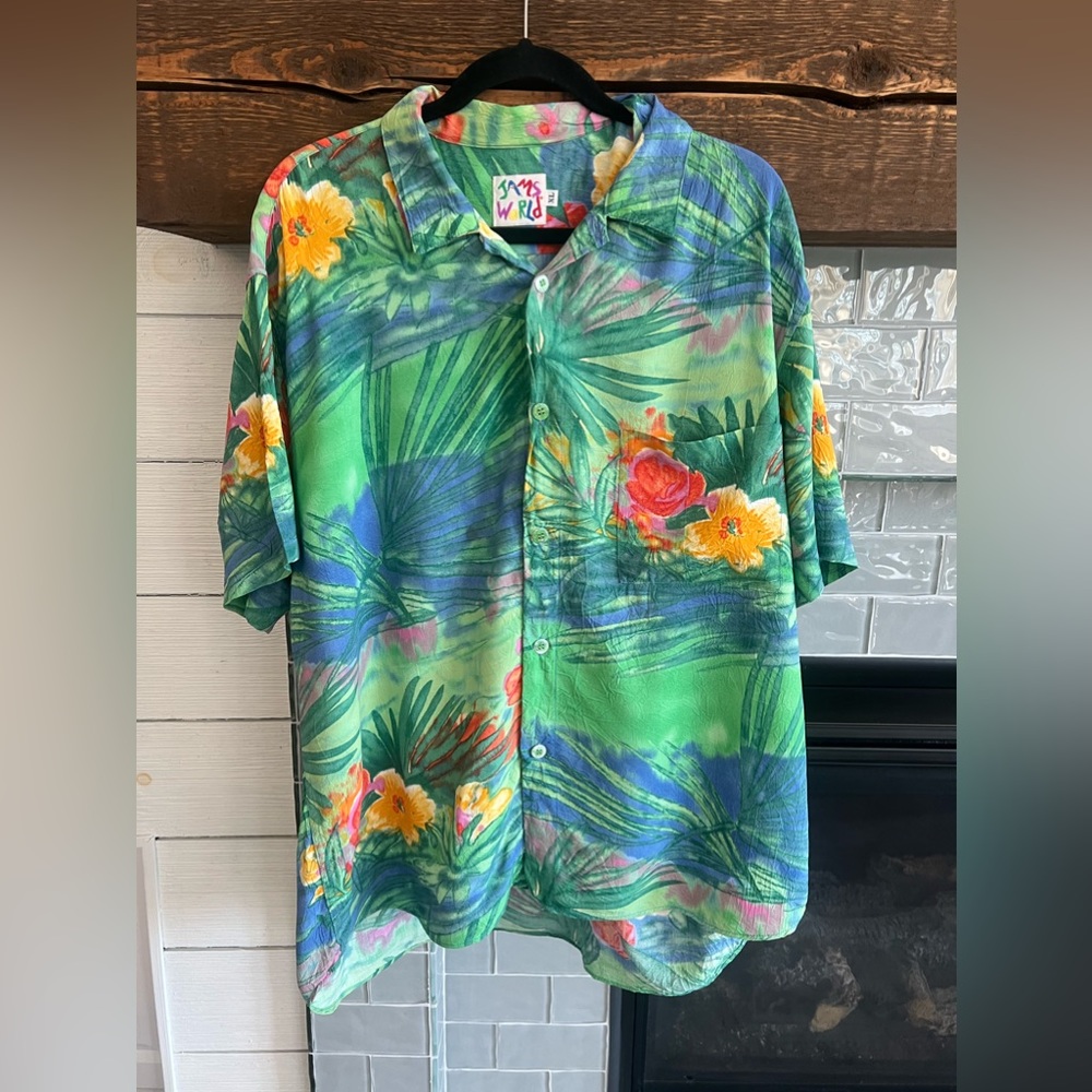 Vintage Jams World  Green Tropics  Hawaiian Floral World Men’s Rayon Shirt XL